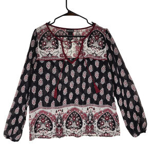 Wet Seal Boho Top Blouse sz L Women Black Burgundy Paisley Hippie Tassles Y2K‎